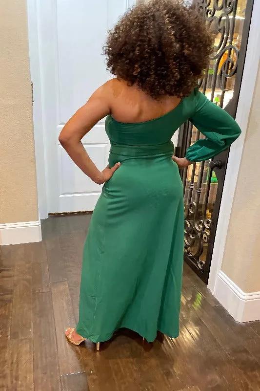 #ONE SHOULDER EVENING GOWN GREEN