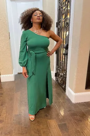 #ONE SHOULDER EVENING GOWN GREEN