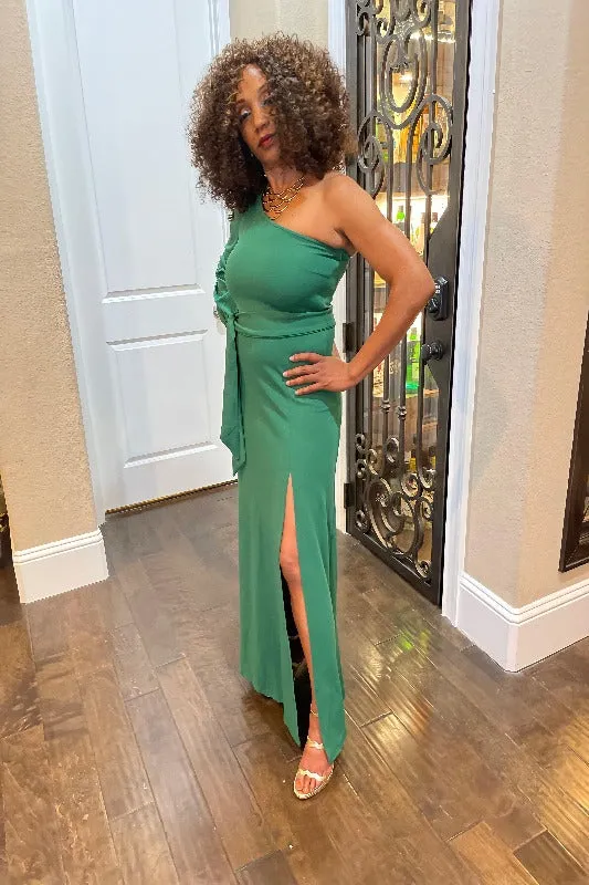 #ONE SHOULDER EVENING GOWN GREEN