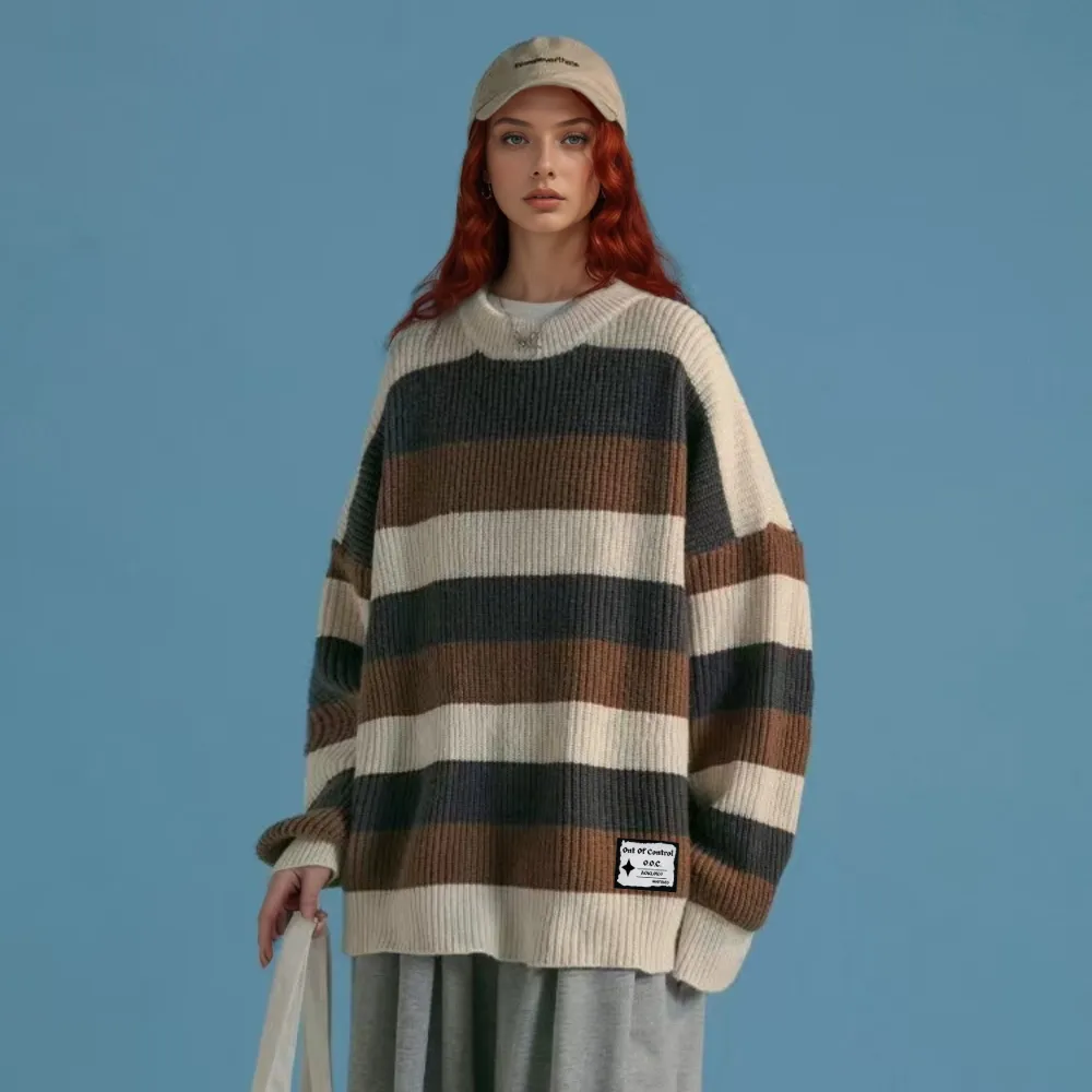 OOC' Retro Three-Color Patchwork Striped Knitted Sweater