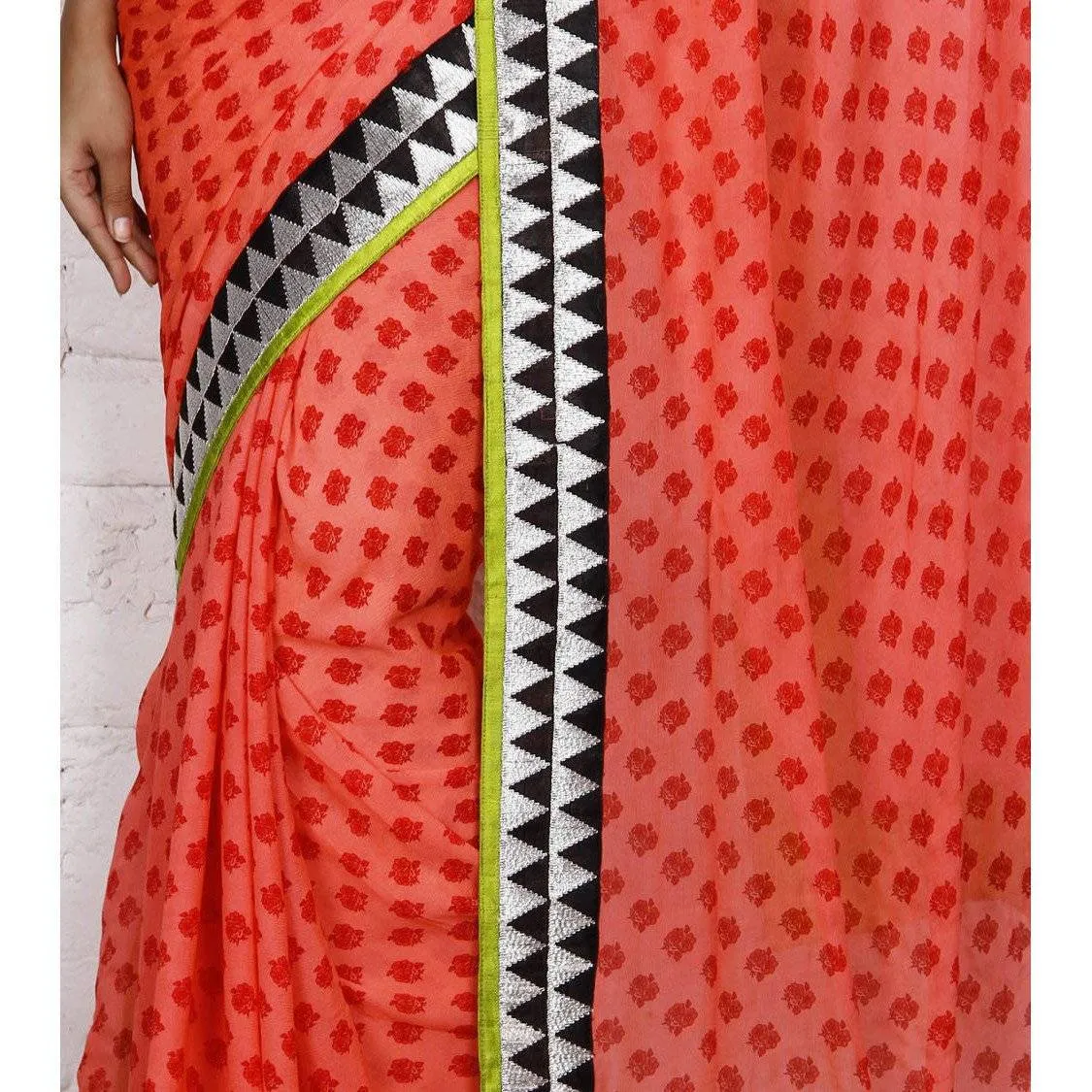Orange Block Printed Chiffon Saree