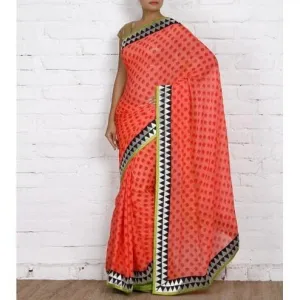 Orange Block Printed Chiffon Saree