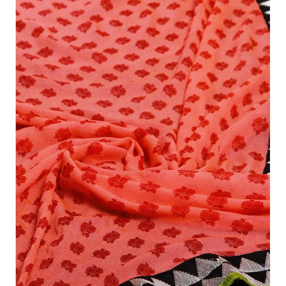 Orange Block Printed Chiffon Saree