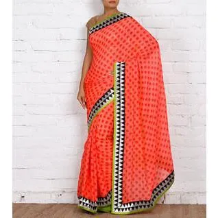 Orange Block Printed Chiffon Saree