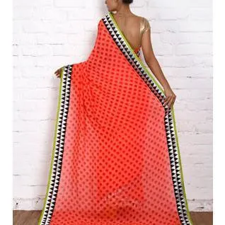 Orange Block Printed Chiffon Saree