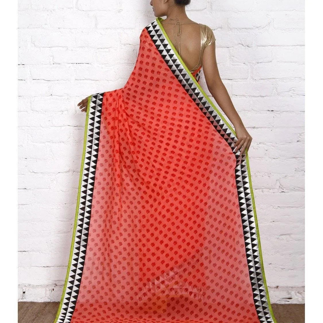 Orange Block Printed Chiffon Saree