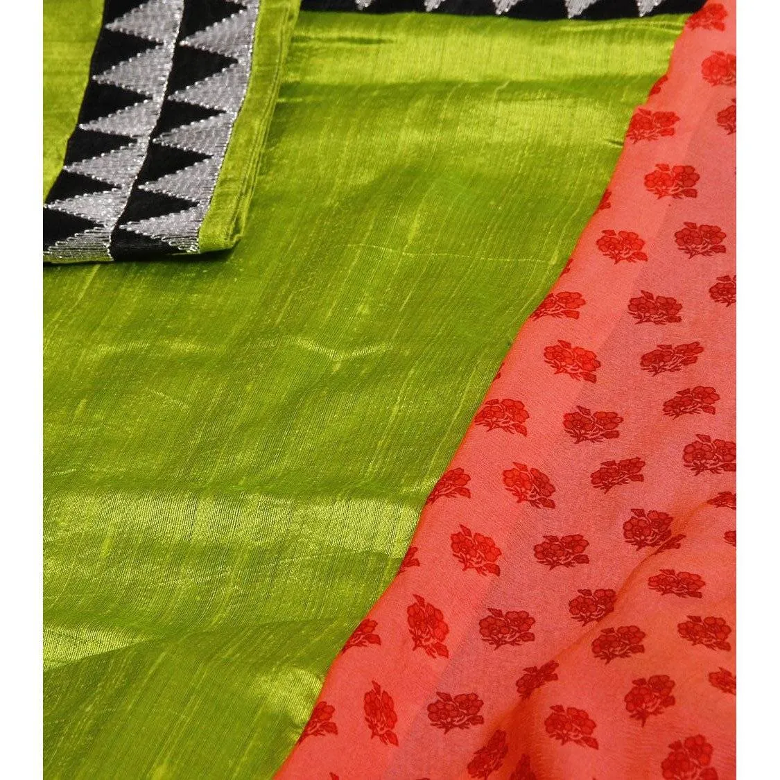 Orange Block Printed Chiffon Saree