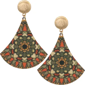 Orange Green Boho Floral Print Wooden Earrings