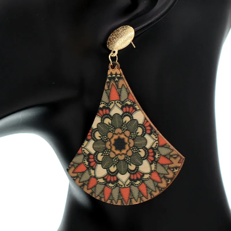 Orange Green Boho Floral Print Wooden Earrings