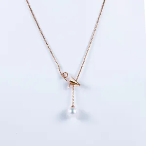 “Origaminx Airplane” 18K gold and Akoya pearl, origami-shaped necklace
