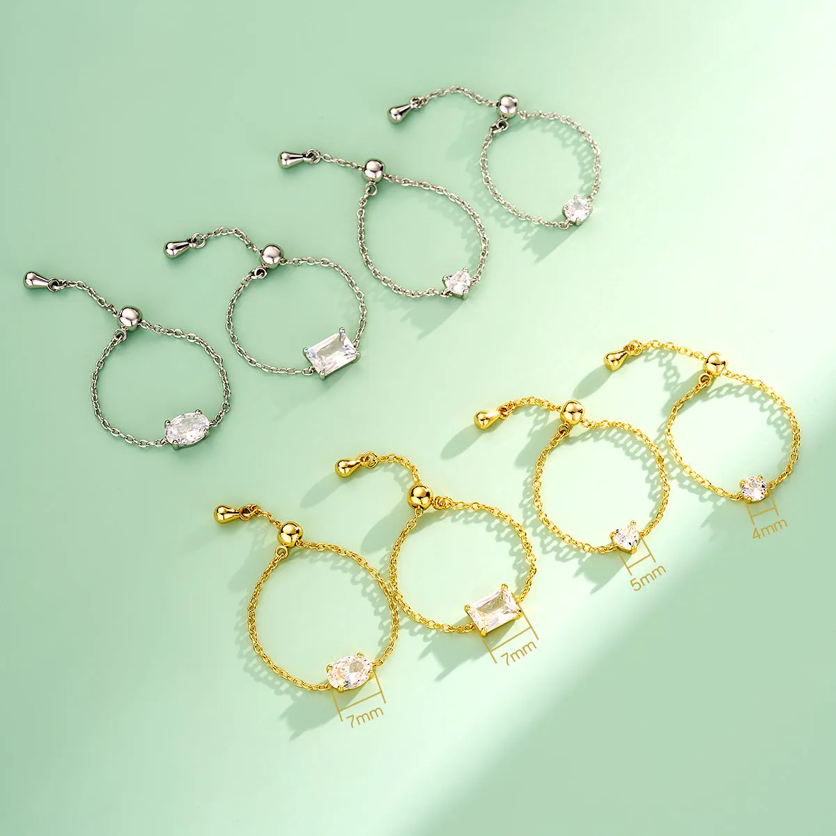 Oufer CZ Adjustable Oval Rectangle Heart Chain Ring