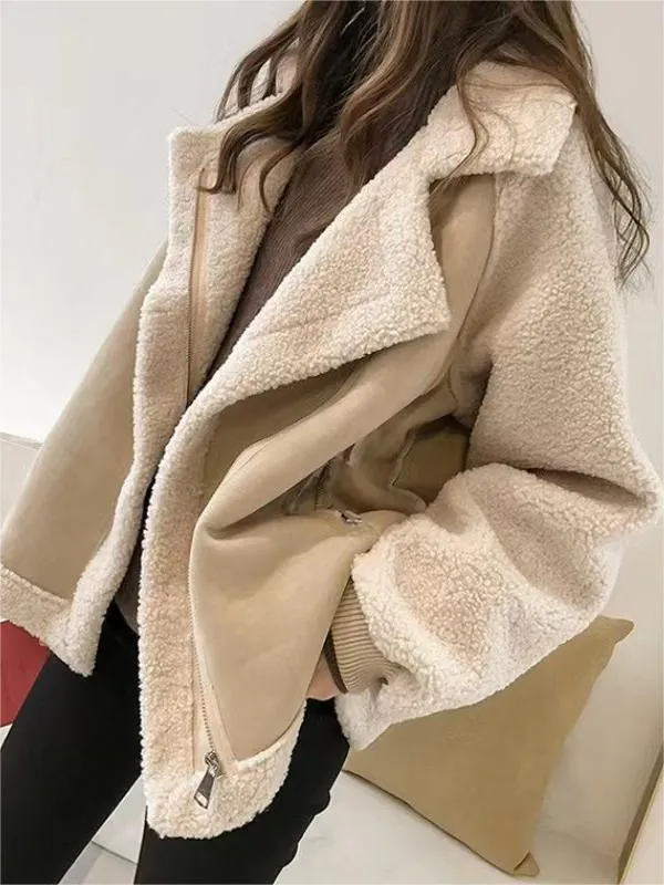 Oversize Warm Vegan Fur Suede Patch Jacket