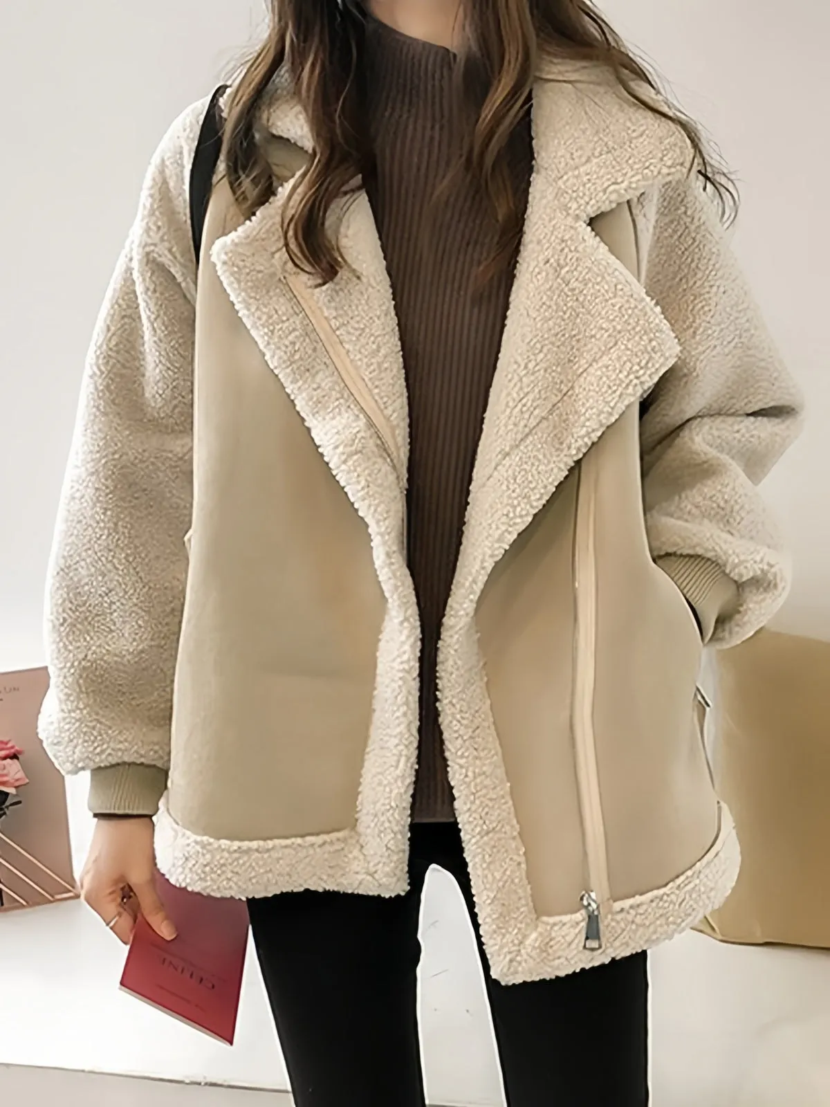 Oversize Warm Vegan Fur Suede Patch Jacket