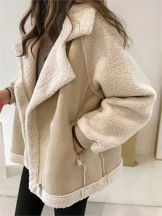 Oversize Warm Vegan Fur Suede Patch Jacket