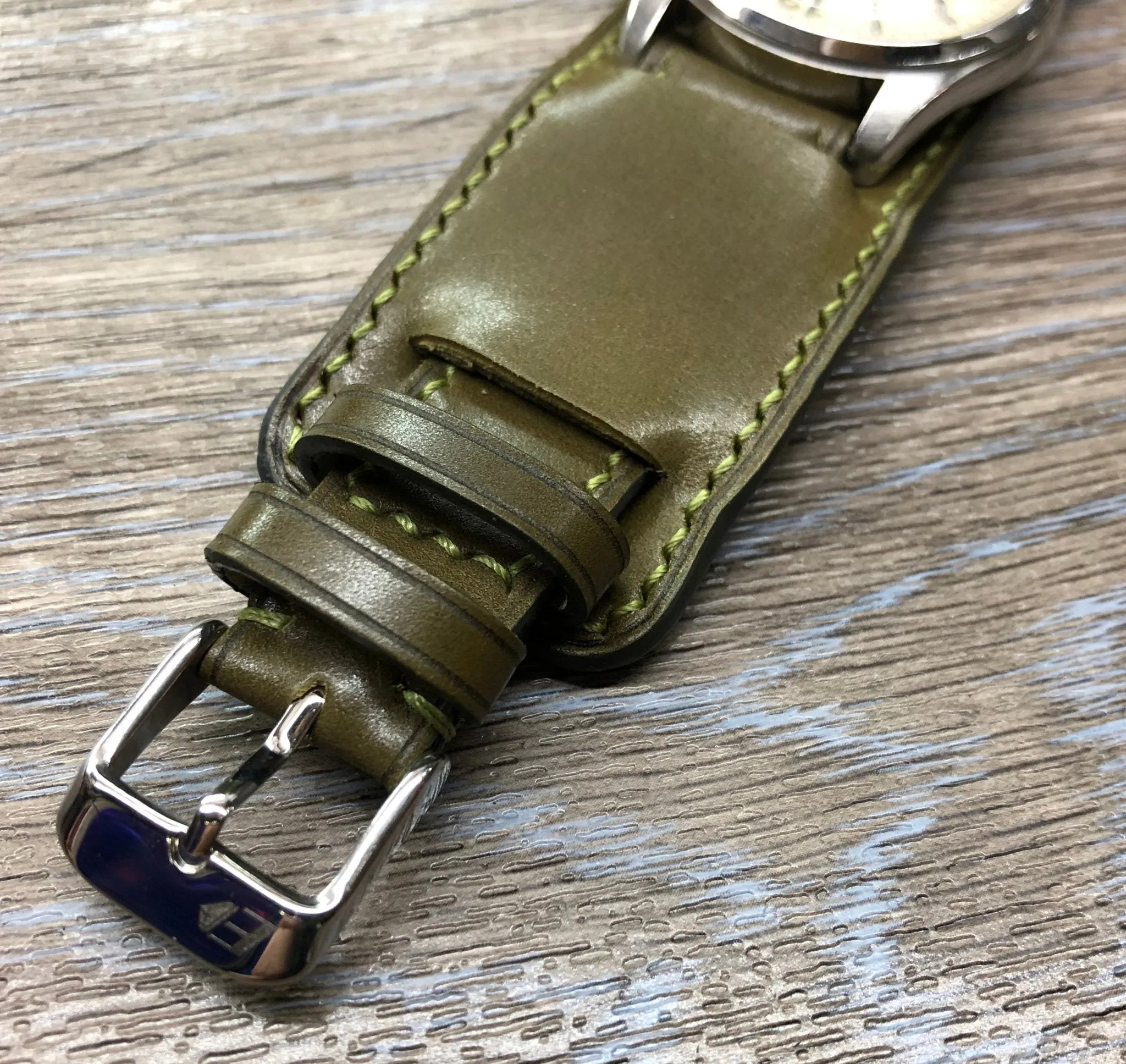 Paul Newman Leather Watch Straps, Shell Cordovan Army Green leather Bund Straps,  Mens wrist watchband replacement, 20mm 19mm Leather Watch Bands