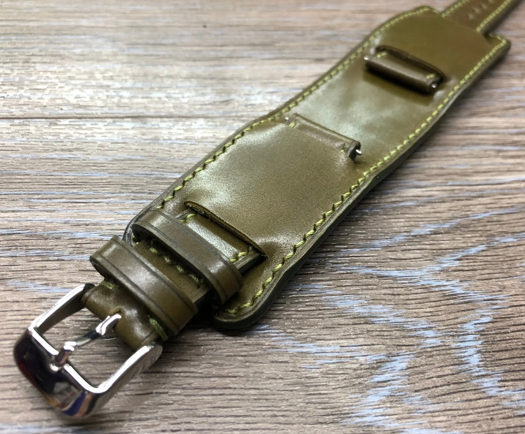 Paul Newman Leather Watch Straps, Shell Cordovan Army Green leather Bund Straps,  Mens wrist watchband replacement, 20mm 19mm Leather Watch Bands