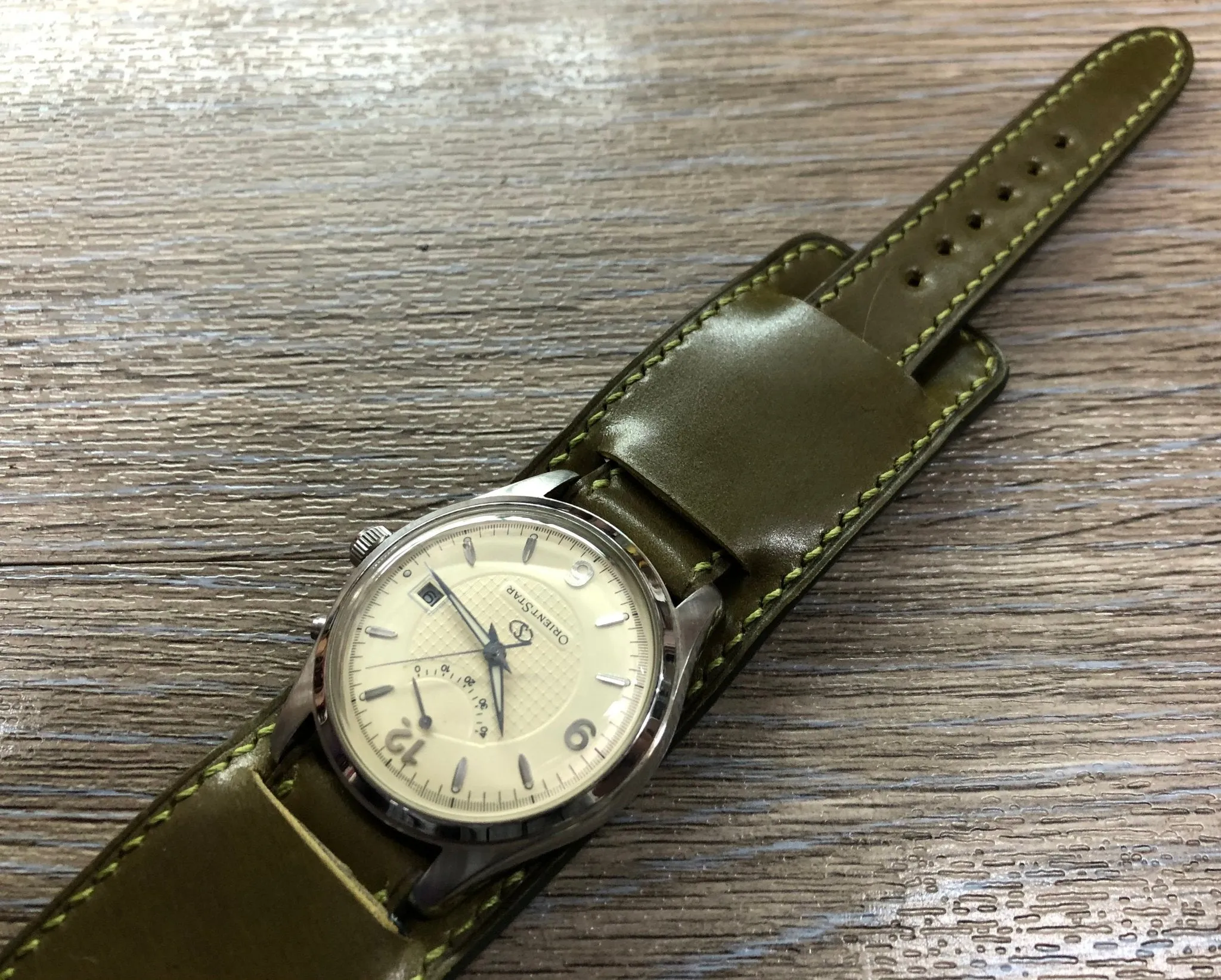 Paul Newman Leather Watch Straps, Shell Cordovan Army Green leather Bund Straps,  Mens wrist watchband replacement, 20mm 19mm Leather Watch Bands