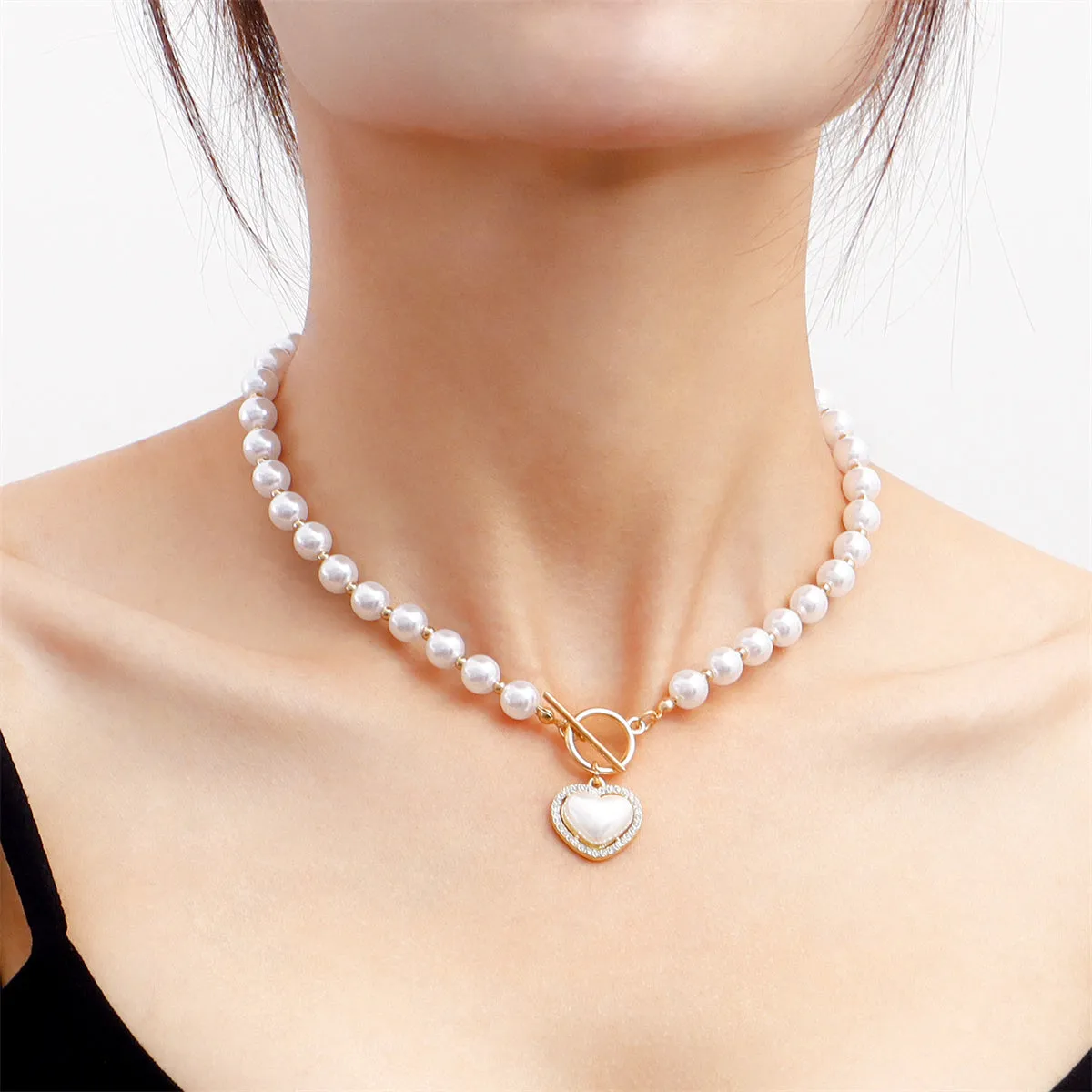 Pearl & Cubic Zirconia 18K Gold-Plated Heart Pendant Choker Necklace
