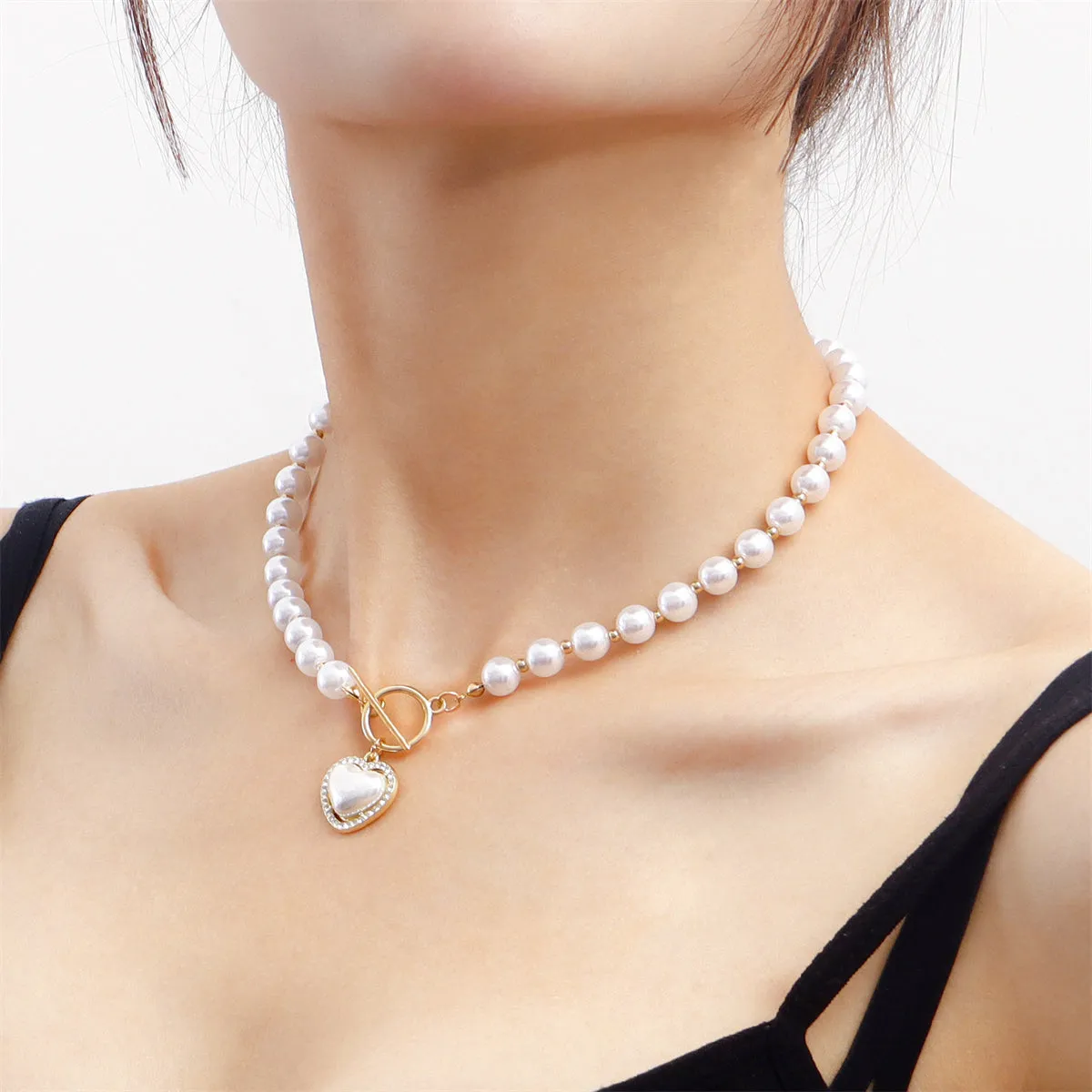 Pearl & Cubic Zirconia 18K Gold-Plated Heart Pendant Choker Necklace