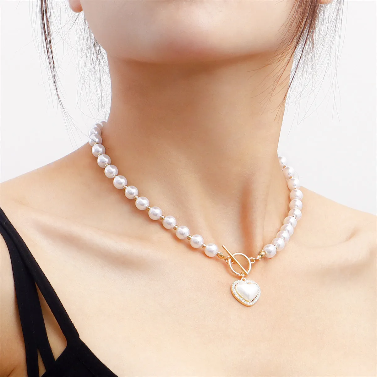 Pearl & Cubic Zirconia 18K Gold-Plated Heart Pendant Choker Necklace