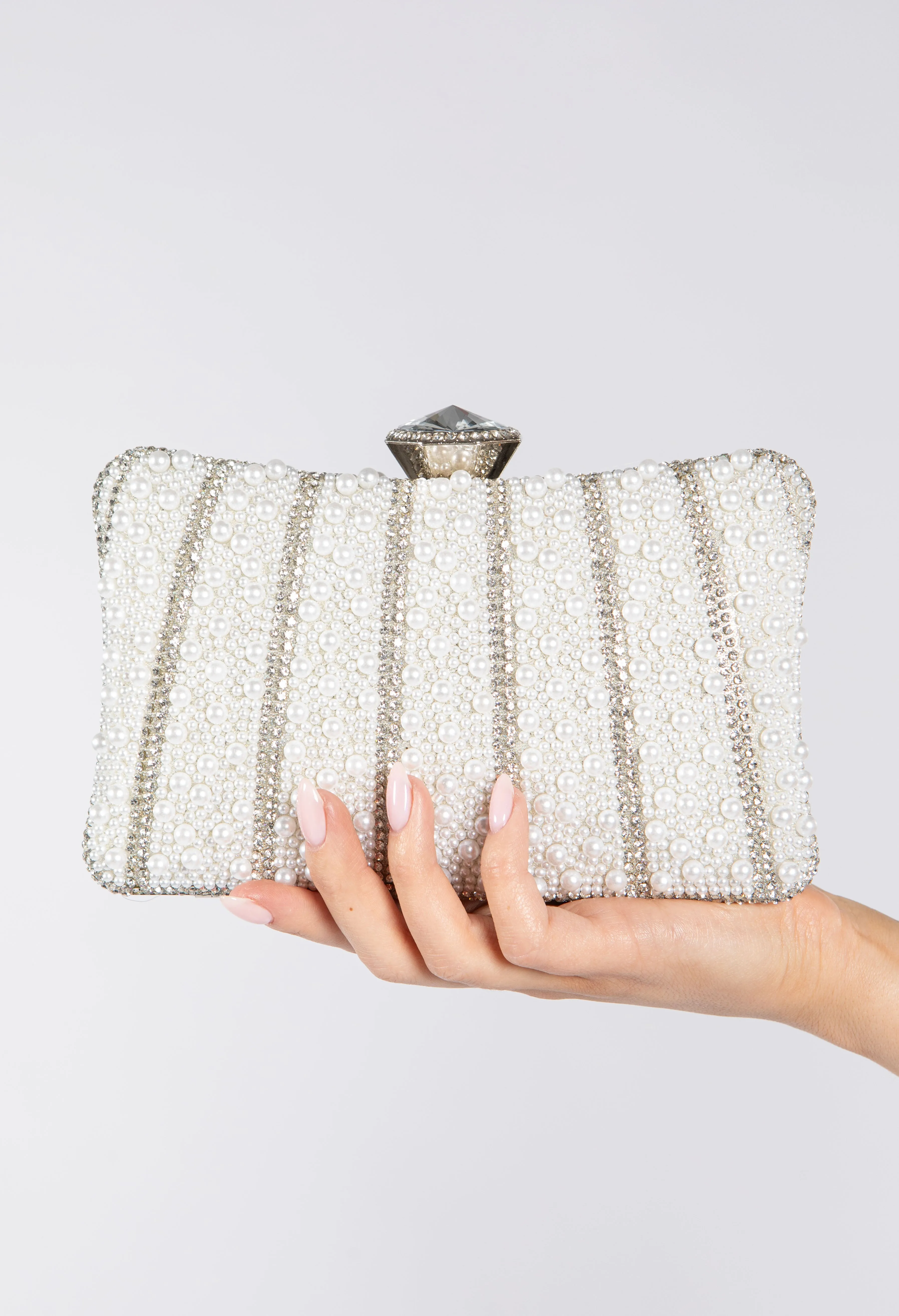 Pearl and Diamante Clutch Bag with Diamante Fascinator