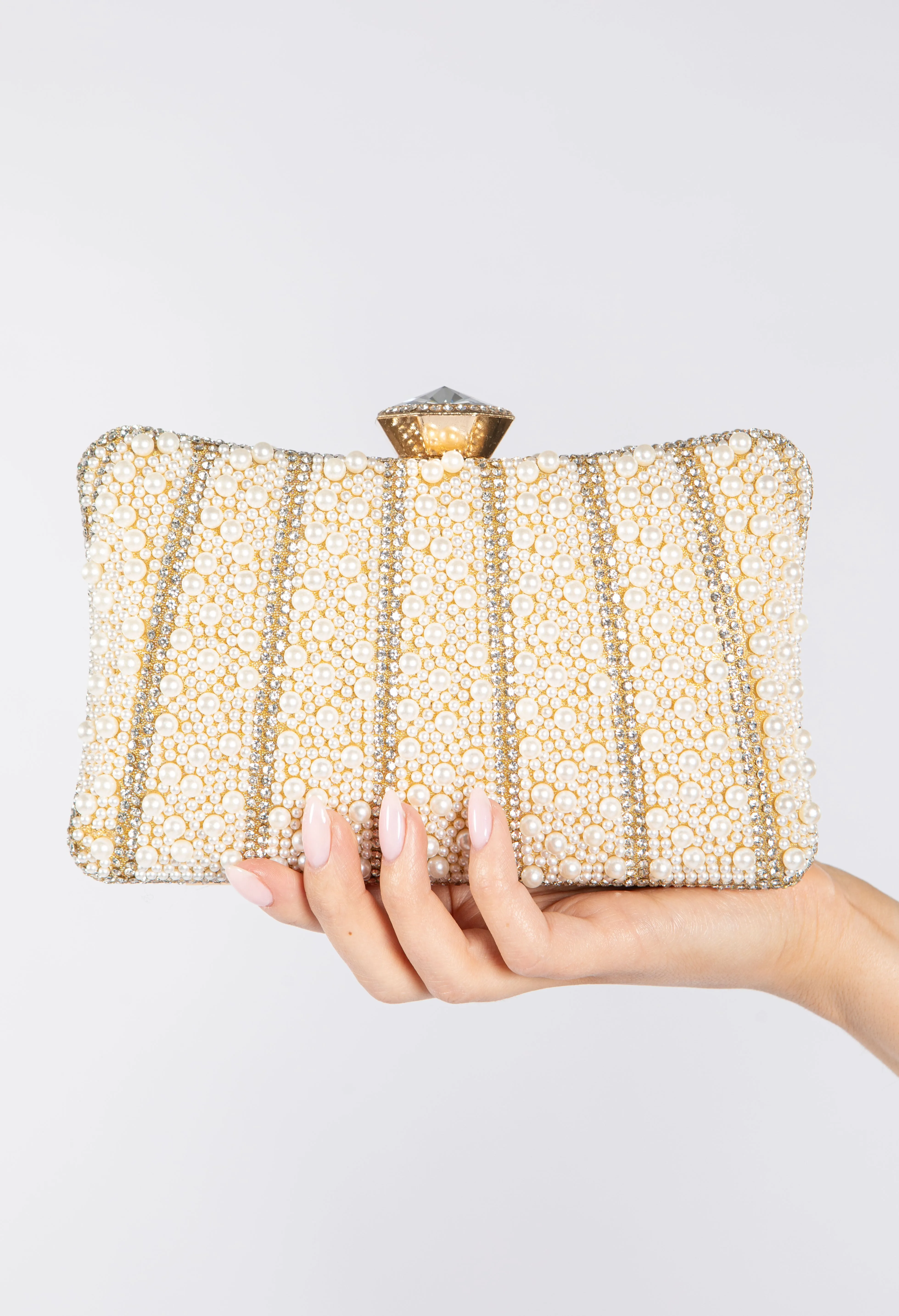 Pearl and Diamante Clutch Bag with Diamante Fascinator