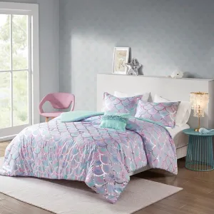 Pearl Metallic Printed Reversible Comforter Set (Aqua/Purple)
