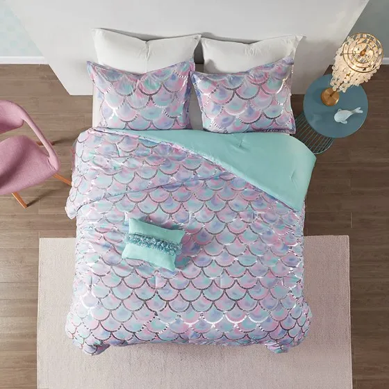 Pearl Metallic Printed Reversible Comforter Set (Aqua/Purple)