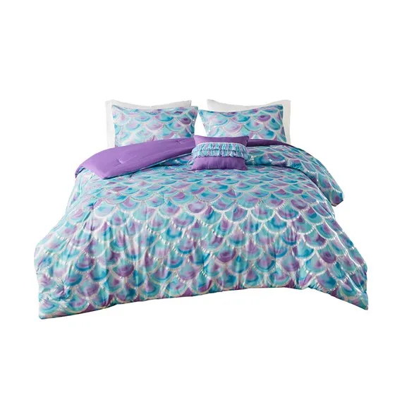 Pearl Metallic Printed Reversible Comforter Set (Teal/Purple)