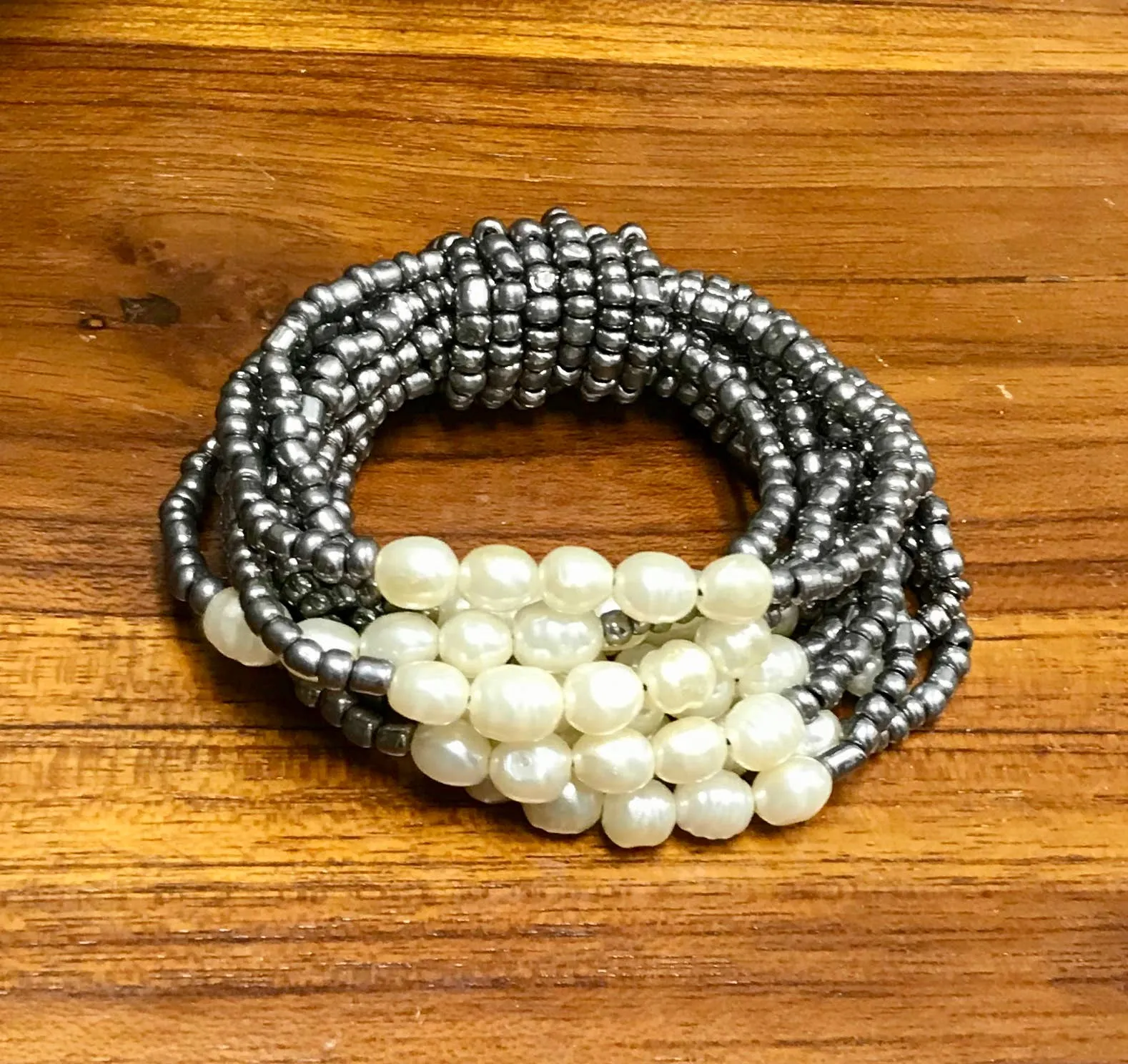 Pearl Stretch Bead Bracelet-Silver