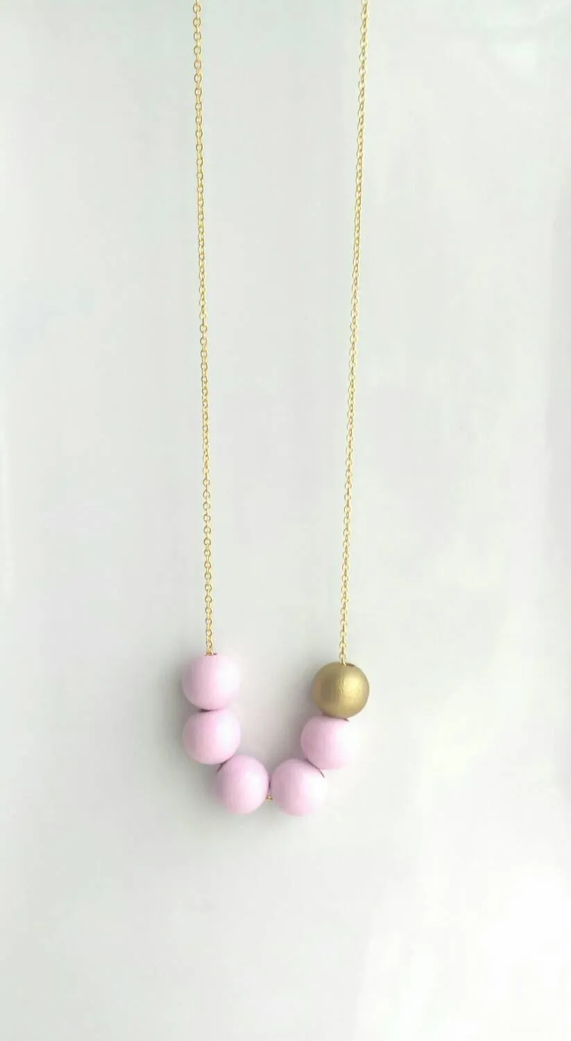 Pink Gold Bead Necklace, wood bead necklace, long gold chain, painted bead necklace, round wooden bead necklace, baby pink and matte gold