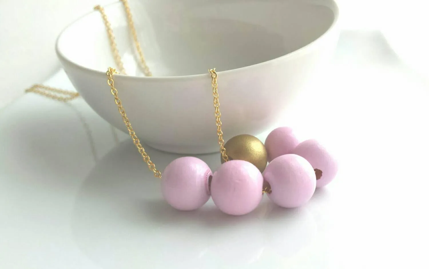 Pink Gold Bead Necklace, wood bead necklace, long gold chain, painted bead necklace, round wooden bead necklace, baby pink and matte gold