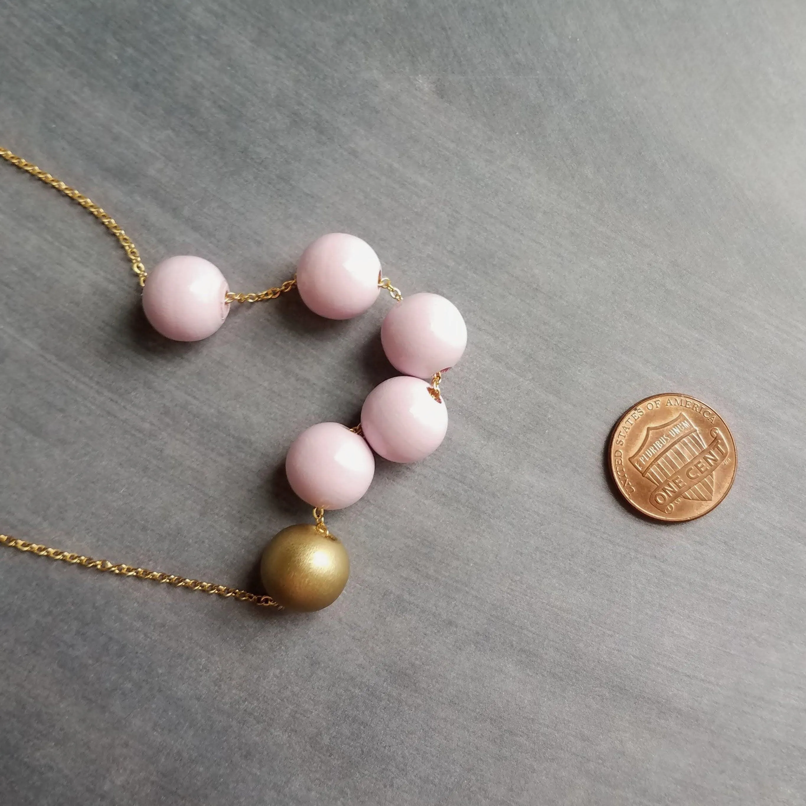 Pink Gold Bead Necklace, wood bead necklace, long gold chain, painted bead necklace, round wooden bead necklace, baby pink and matte gold