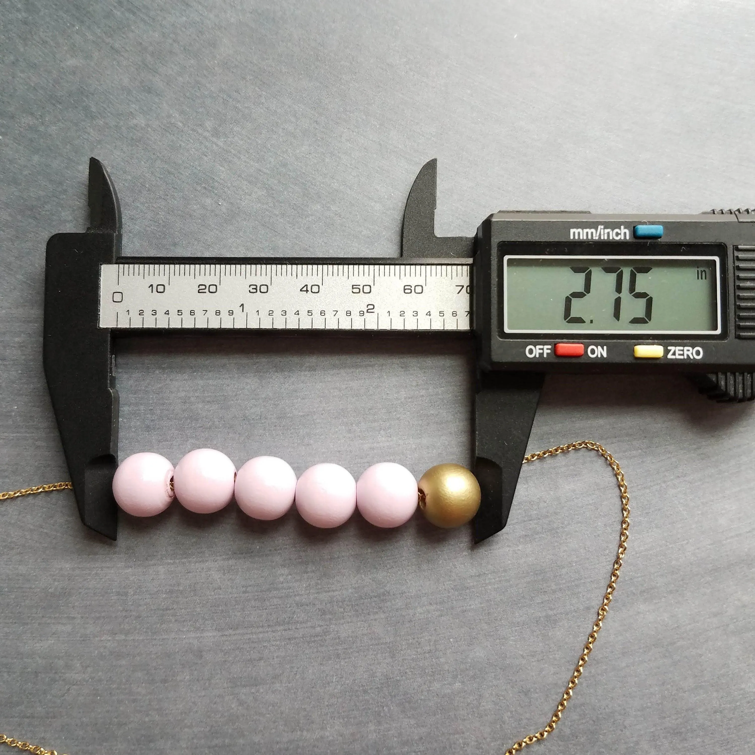 Pink Gold Bead Necklace, wood bead necklace, long gold chain, painted bead necklace, round wooden bead necklace, baby pink and matte gold