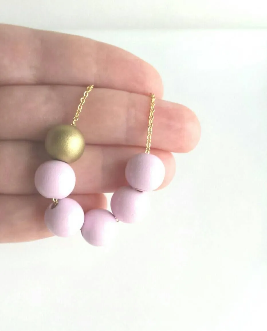 Pink Gold Bead Necklace, wood bead necklace, long gold chain, painted bead necklace, round wooden bead necklace, baby pink and matte gold