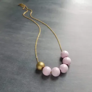 Pink Gold Bead Necklace, wood bead necklace, long gold chain, painted bead necklace, round wooden bead necklace, baby pink and matte gold
