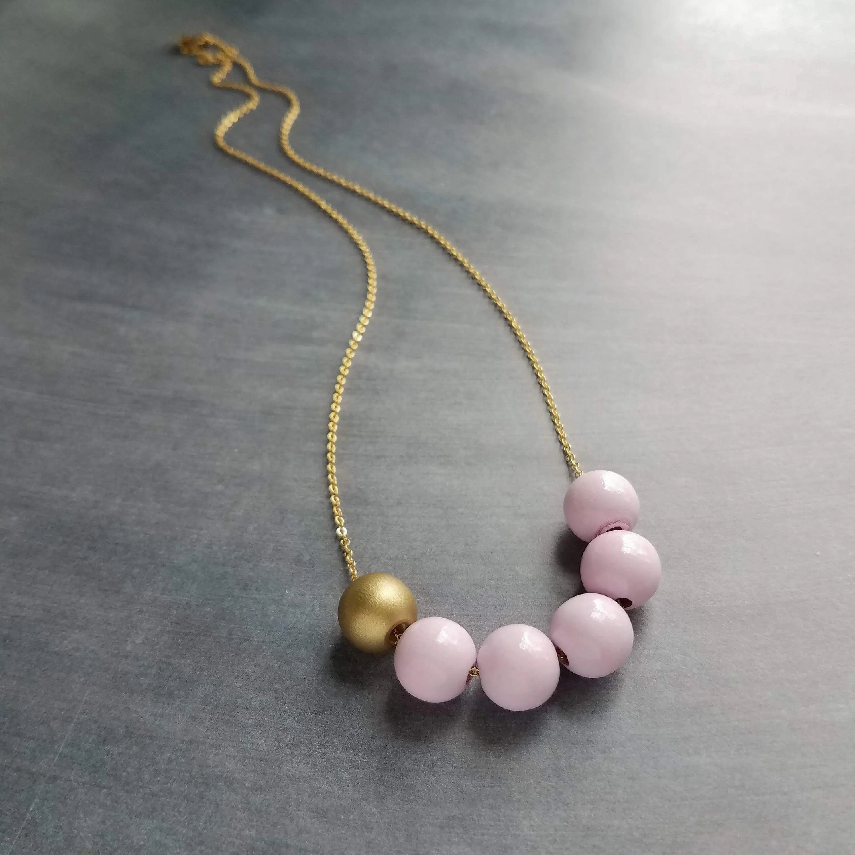 Pink Gold Bead Necklace, wood bead necklace, long gold chain, painted bead necklace, round wooden bead necklace, baby pink and matte gold