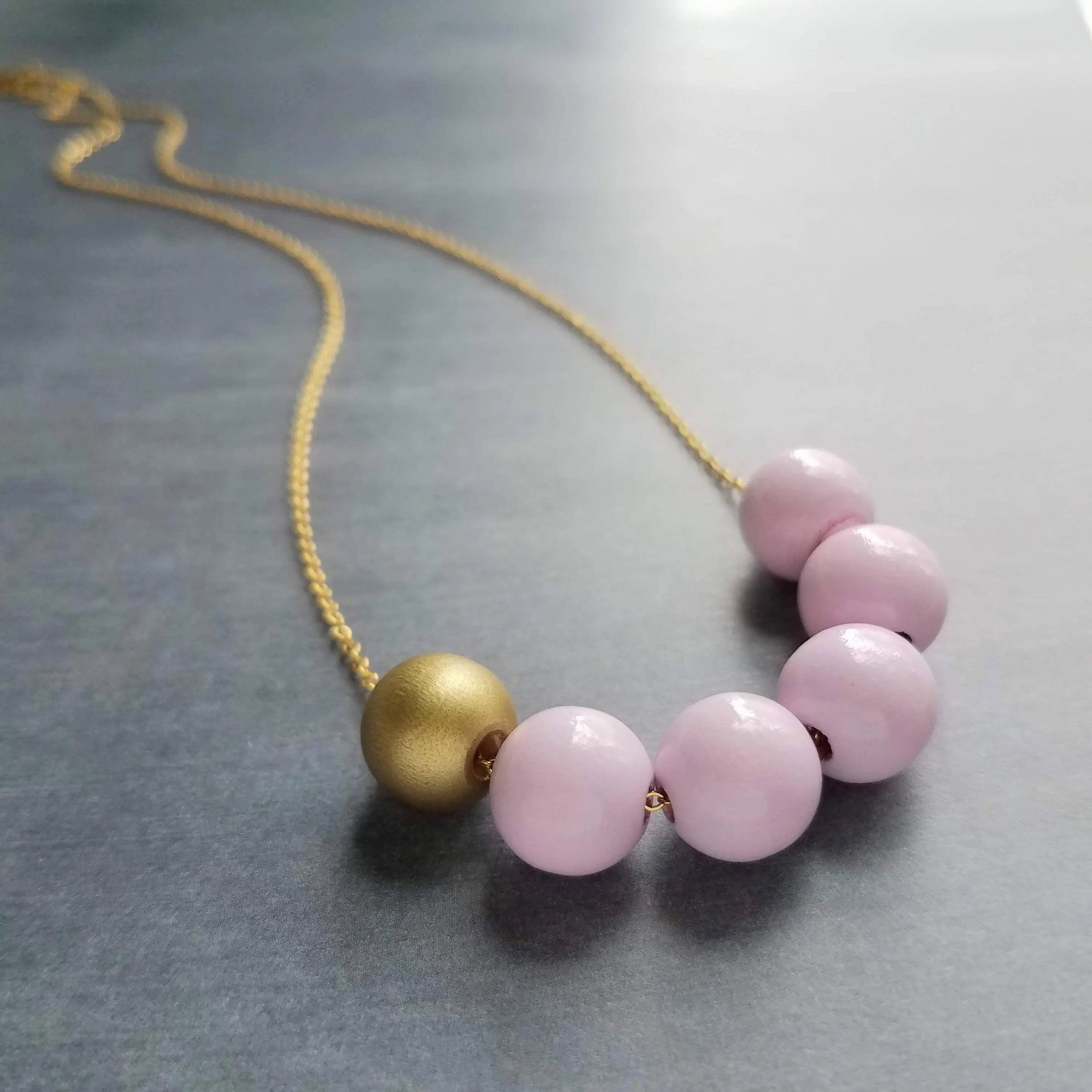 Pink Gold Bead Necklace, wood bead necklace, long gold chain, painted bead necklace, round wooden bead necklace, baby pink and matte gold