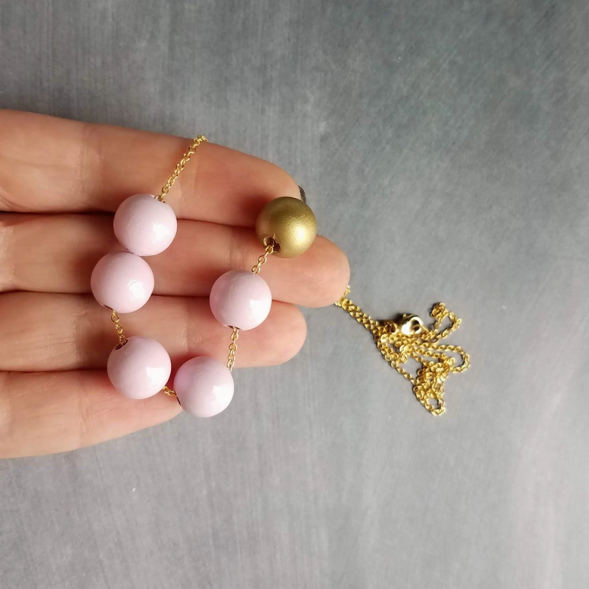 Pink Gold Bead Necklace, wood bead necklace, long gold chain, painted bead necklace, round wooden bead necklace, baby pink and matte gold