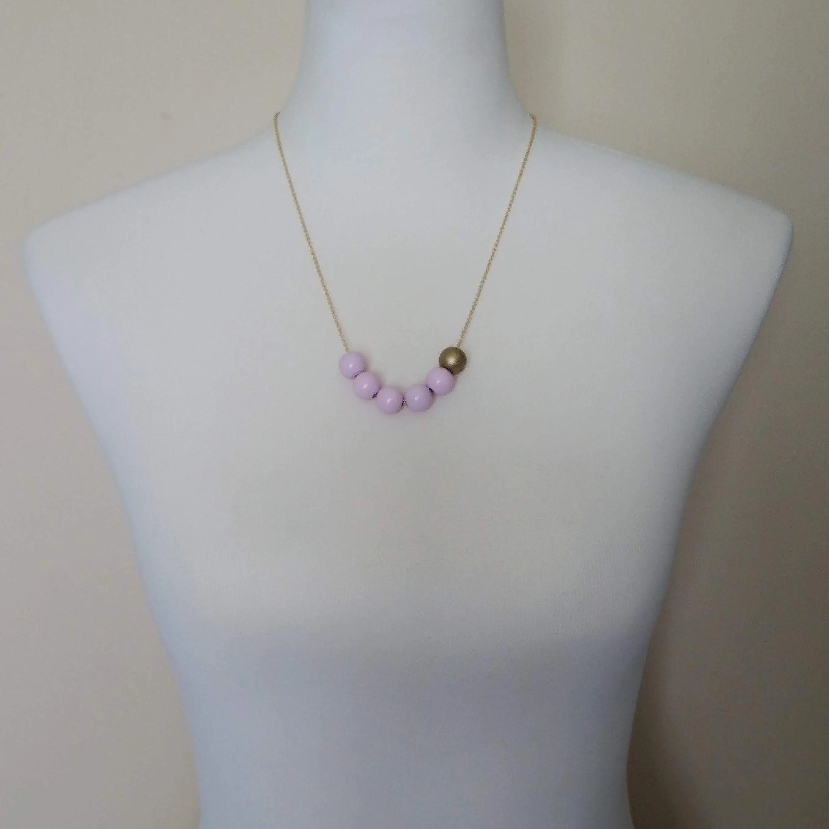 Pink Gold Bead Necklace, wood bead necklace, long gold chain, painted bead necklace, round wooden bead necklace, baby pink and matte gold