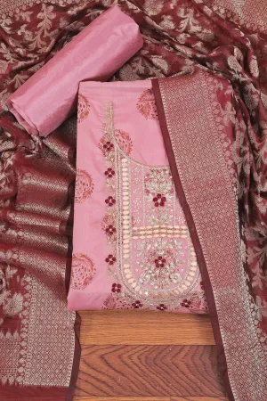 Pink Unstitched Floral Printed Gota Patti Dress Material With Dupatta