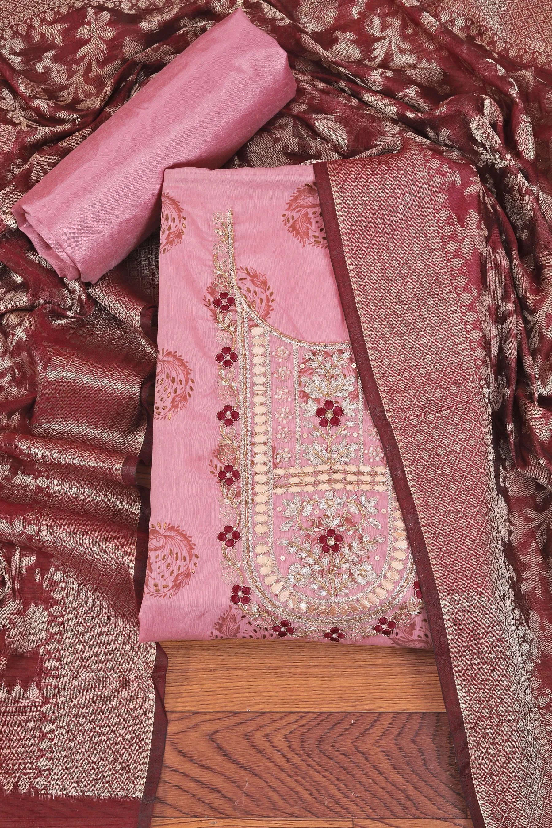 Pink Unstitched Floral Printed Gota Patti Dress Material With Dupatta