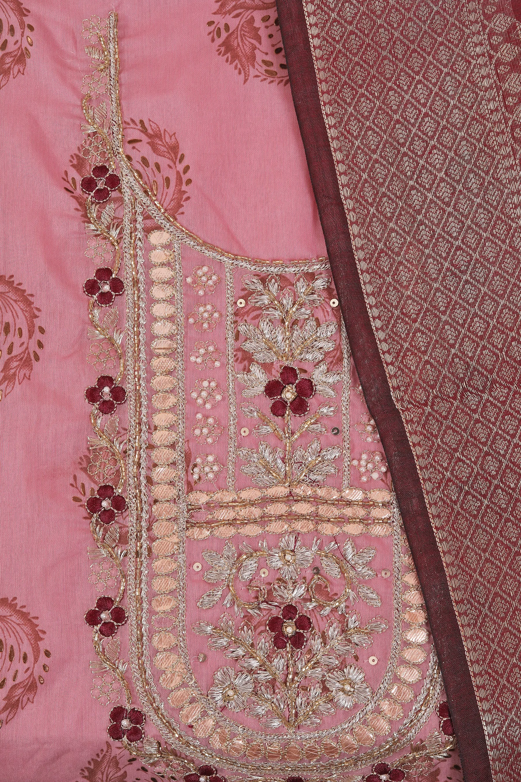 Pink Unstitched Floral Printed Gota Patti Dress Material With Dupatta