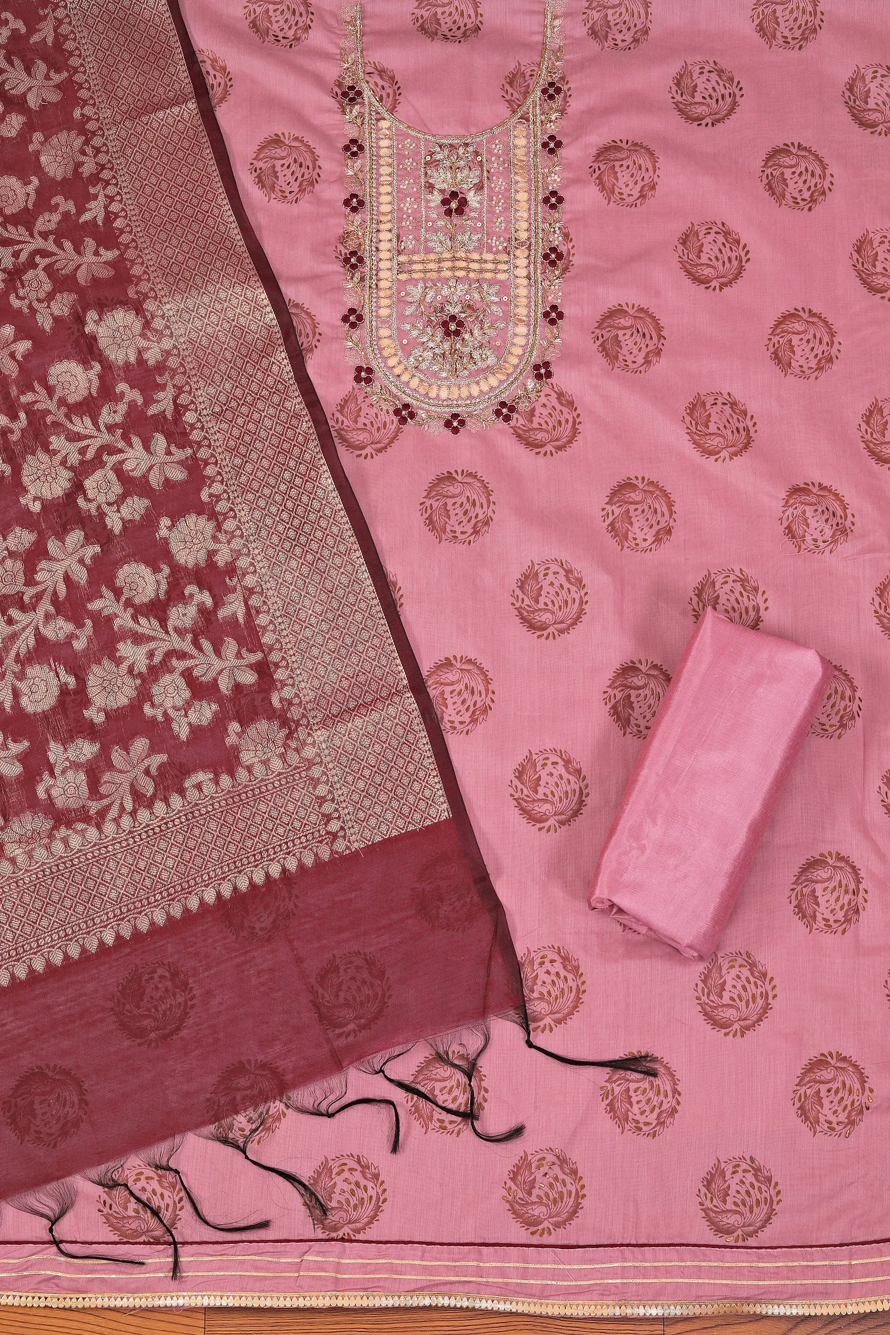 Pink Unstitched Floral Printed Gota Patti Dress Material With Dupatta