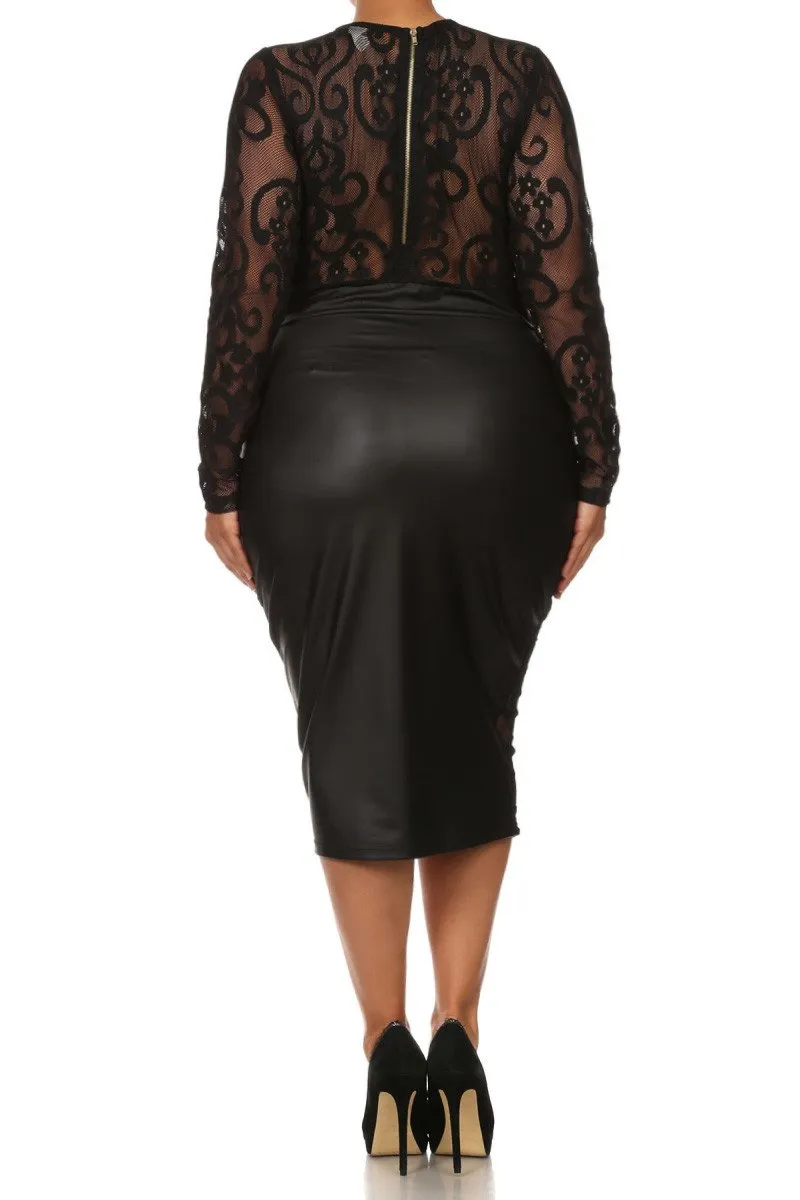 Plus Size PVC Bodycon Lace Contrast Dress