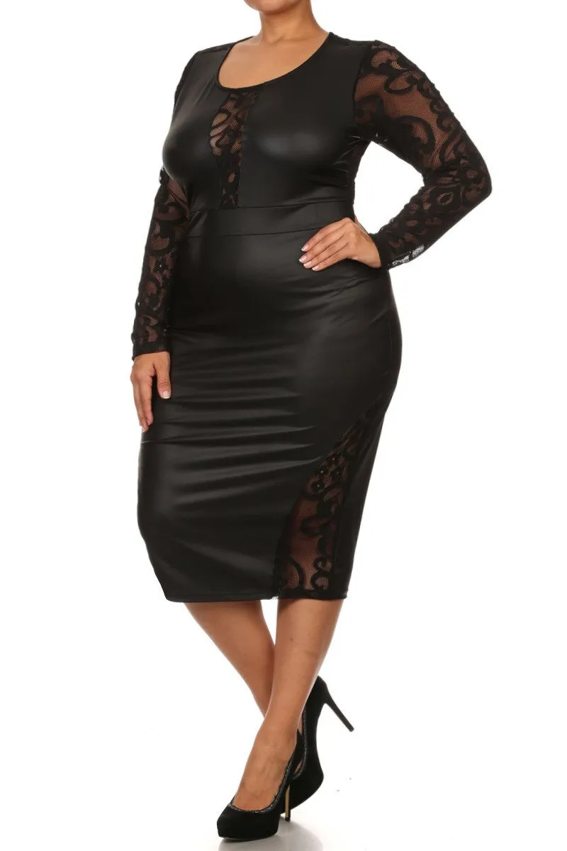 Plus Size PVC Bodycon Lace Contrast Dress