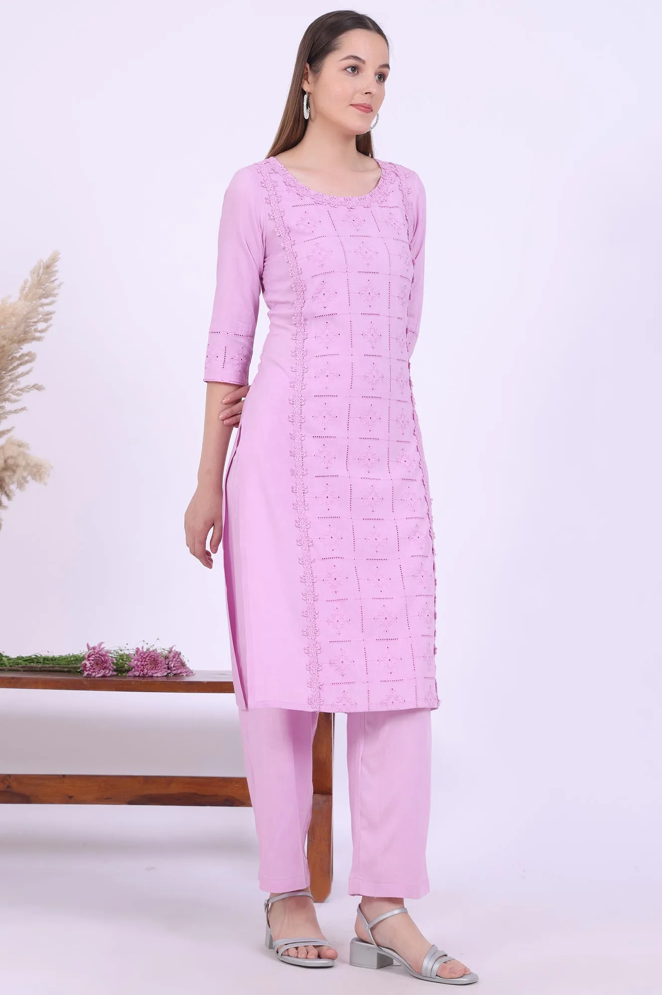 Purple Embroidered Straight Kurta with Palazzos & Dupatta Set