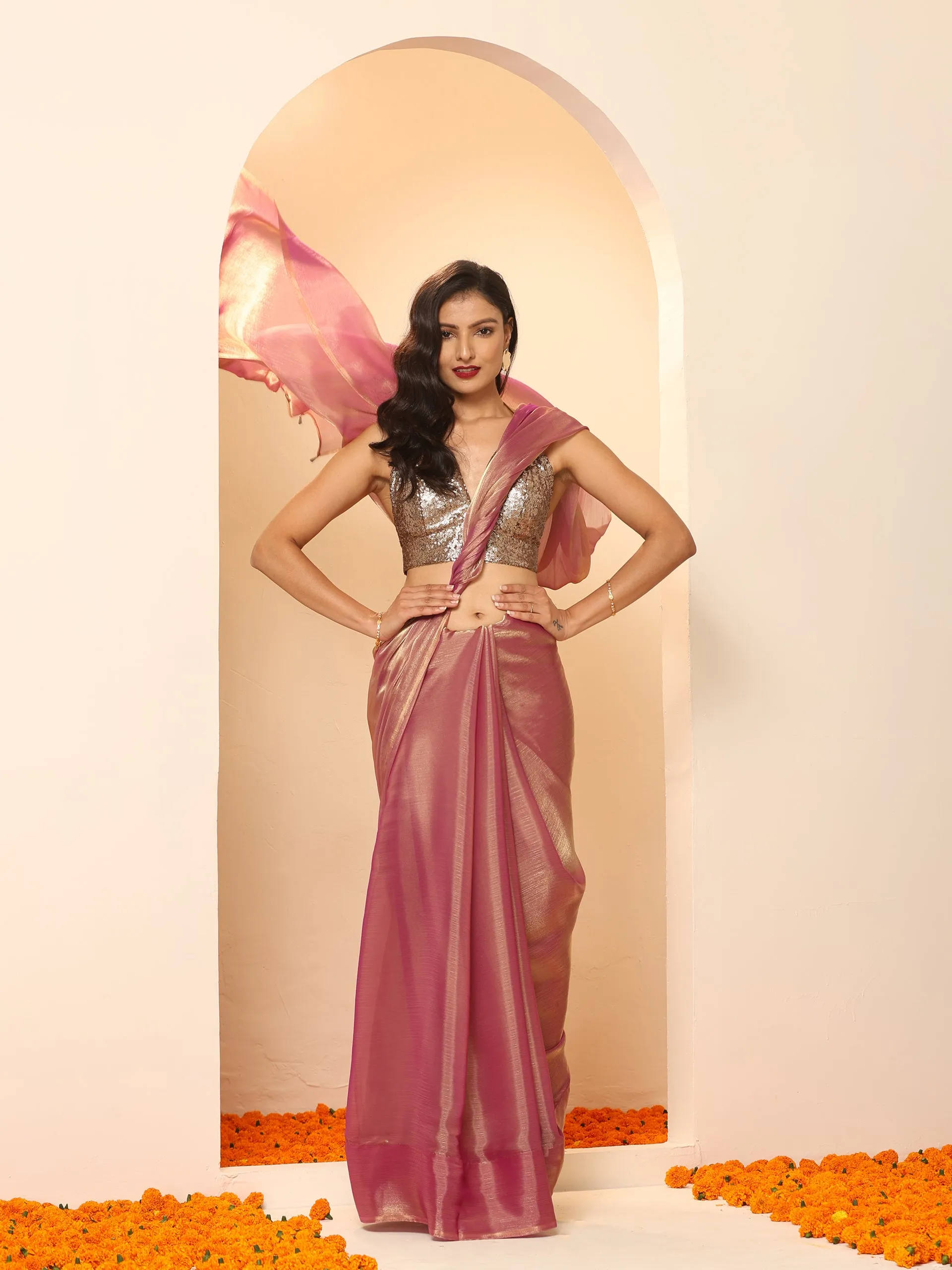 Purple Galaxy Mettalic Chiffon Saree with Beads