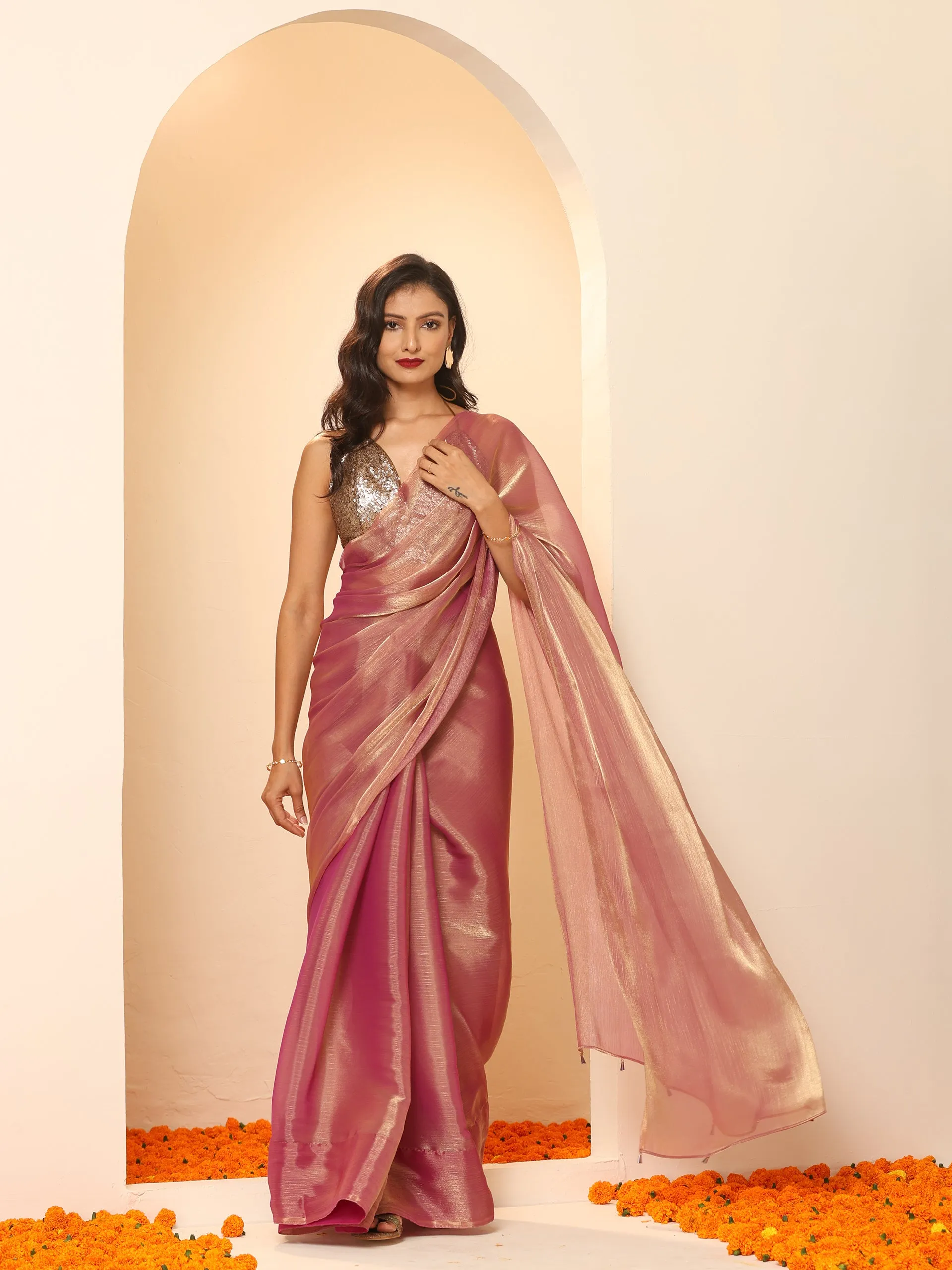 Purple Galaxy Mettalic Chiffon Saree with Beads