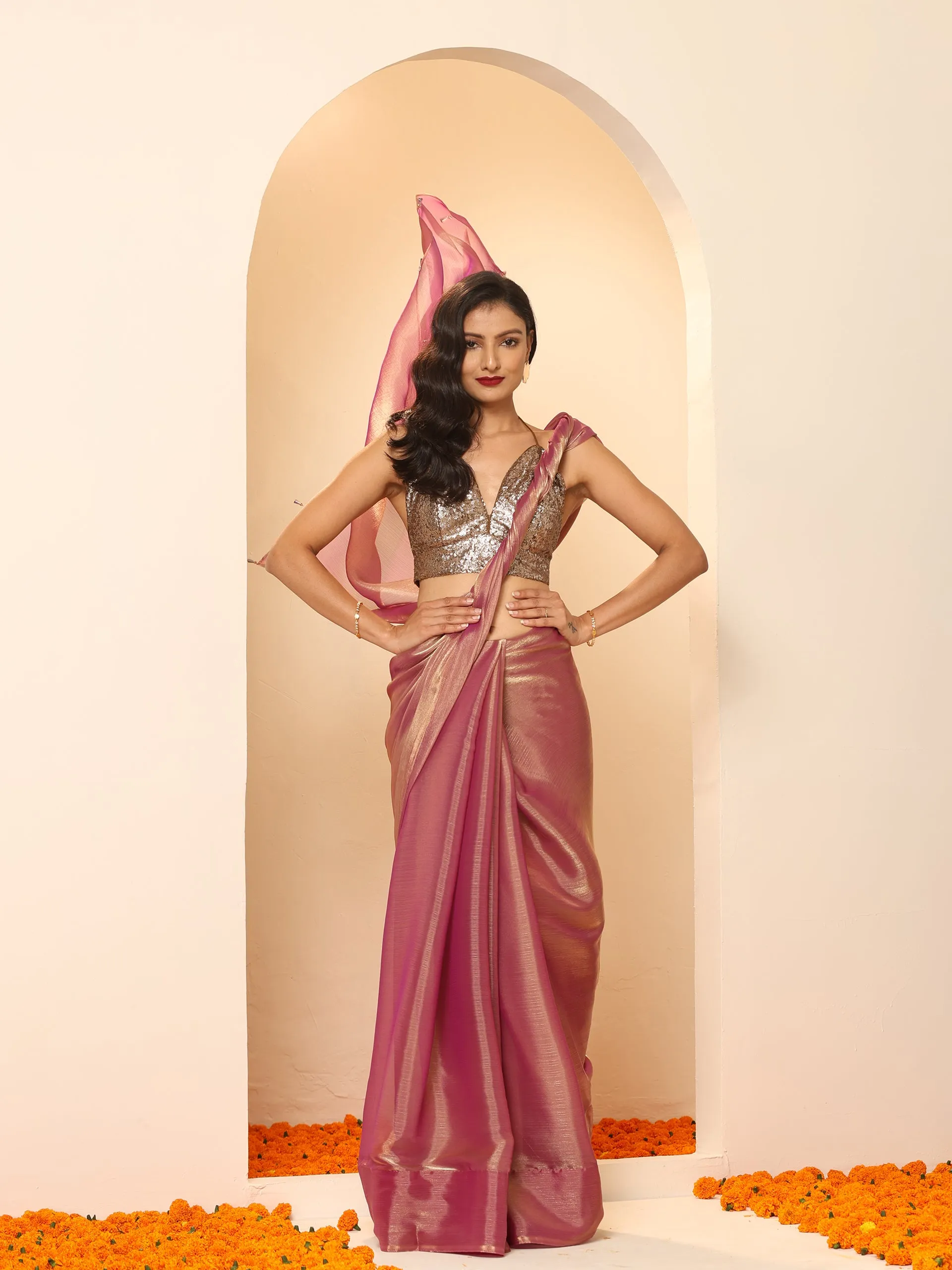 Purple Galaxy Mettalic Chiffon Saree with Beads